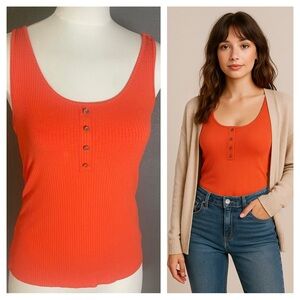 Fluer‎ de Lis Essentials Ribbed Henley Tank Top Orange M Scoop Neck Stretchy